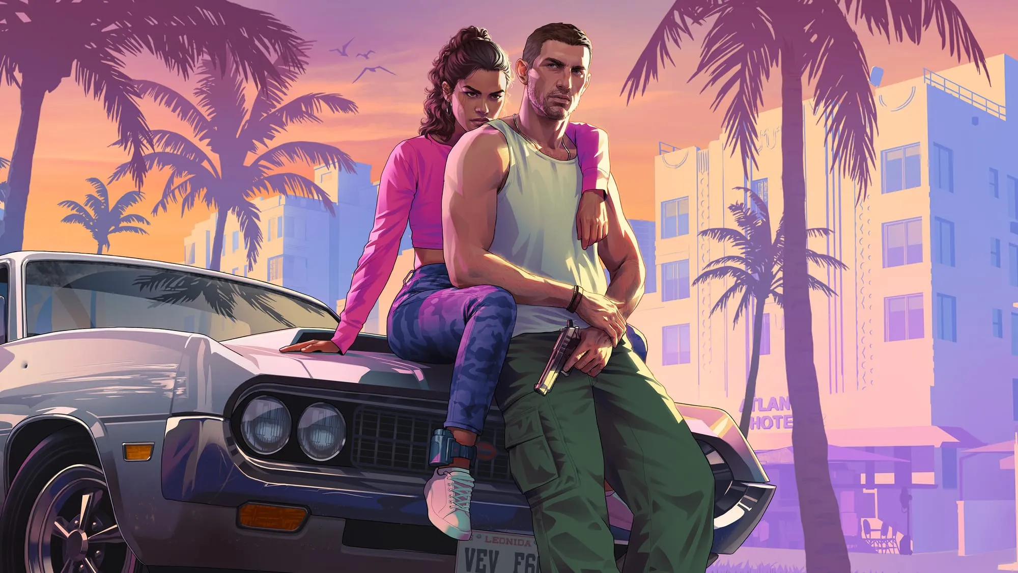 Official artwork of Jason and Lucia leaning on a car at dusk
