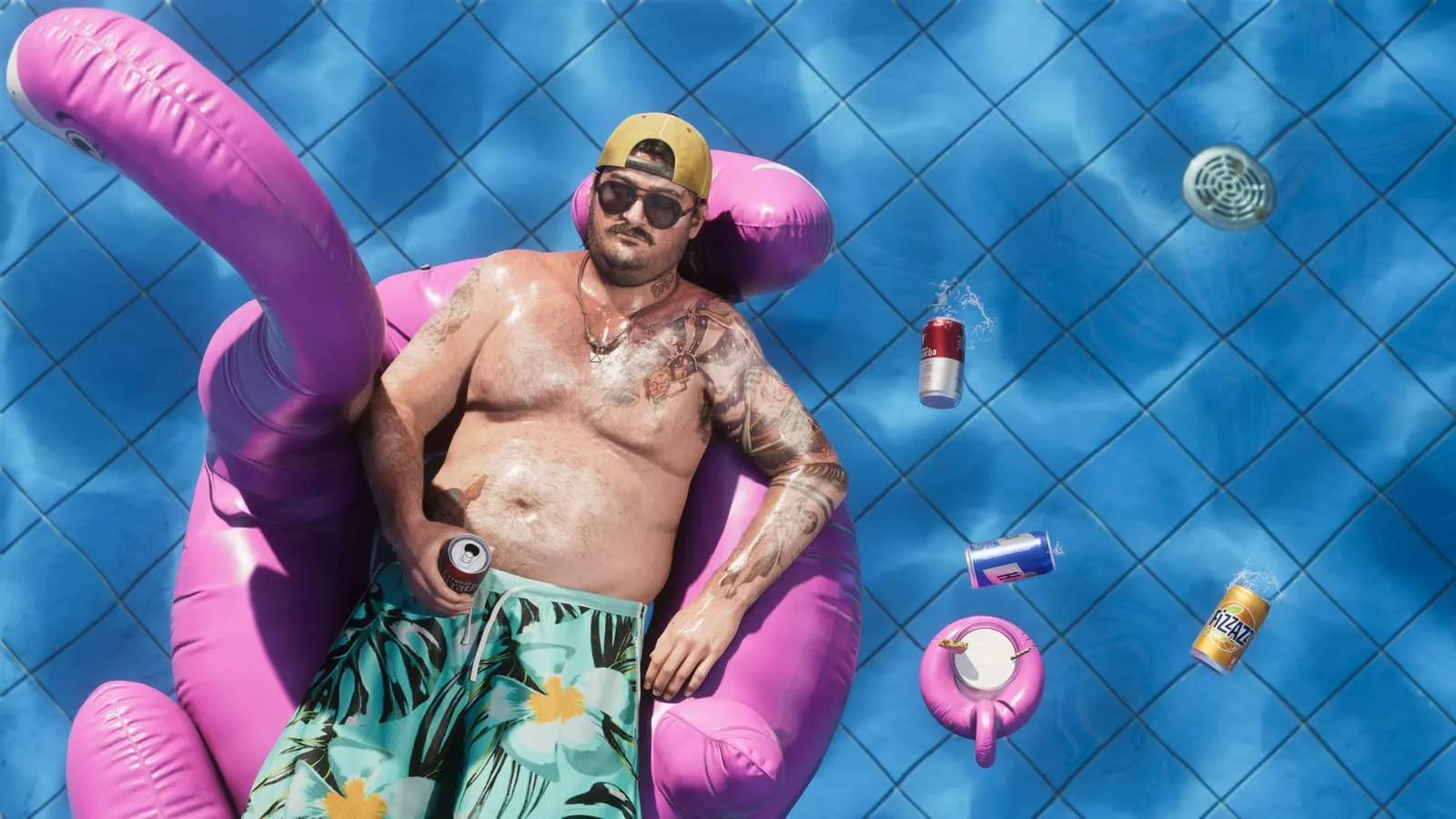 Cal floating in the pool on an inflatable.