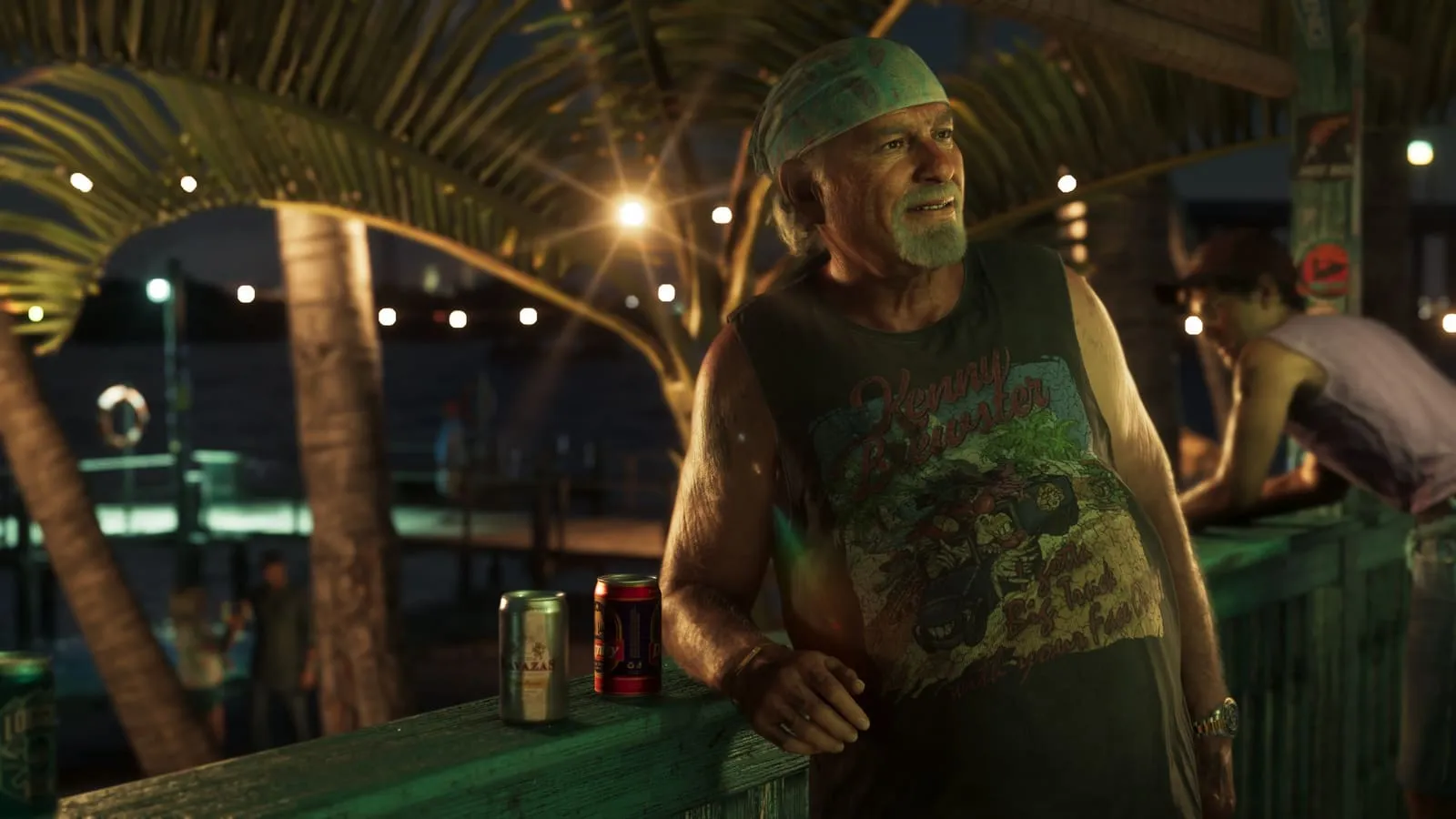 At an open-air bar in the Keys, at night.