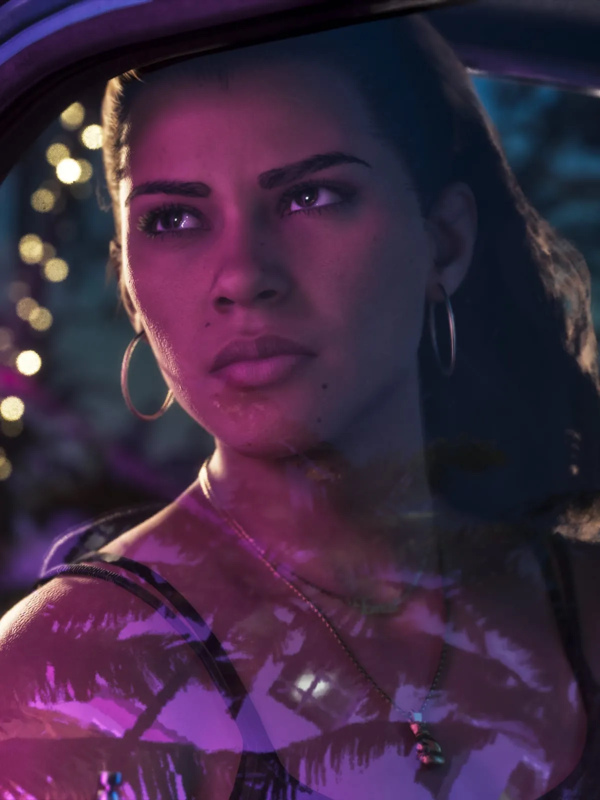 Lucia in a car seat, lit by purple neon